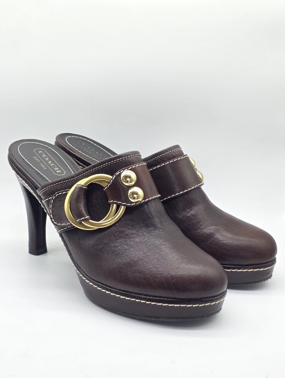 Vintage Y2K Coach Claude Chestnut Brown Leather Mule Platform Clog Heels Size 10 - Picture 16 of 16